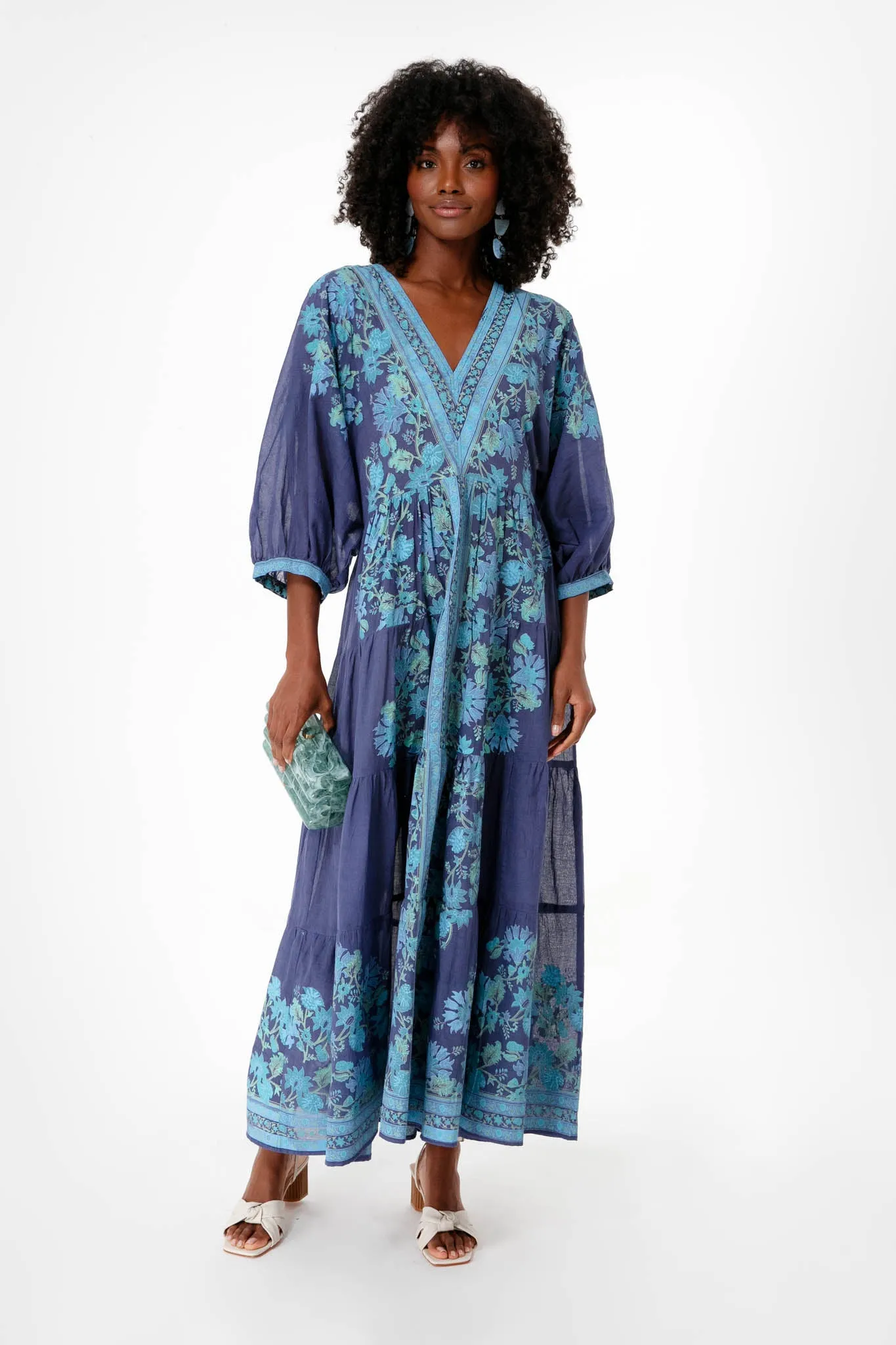 Indigo Rose Border V Neck Maxi Dress