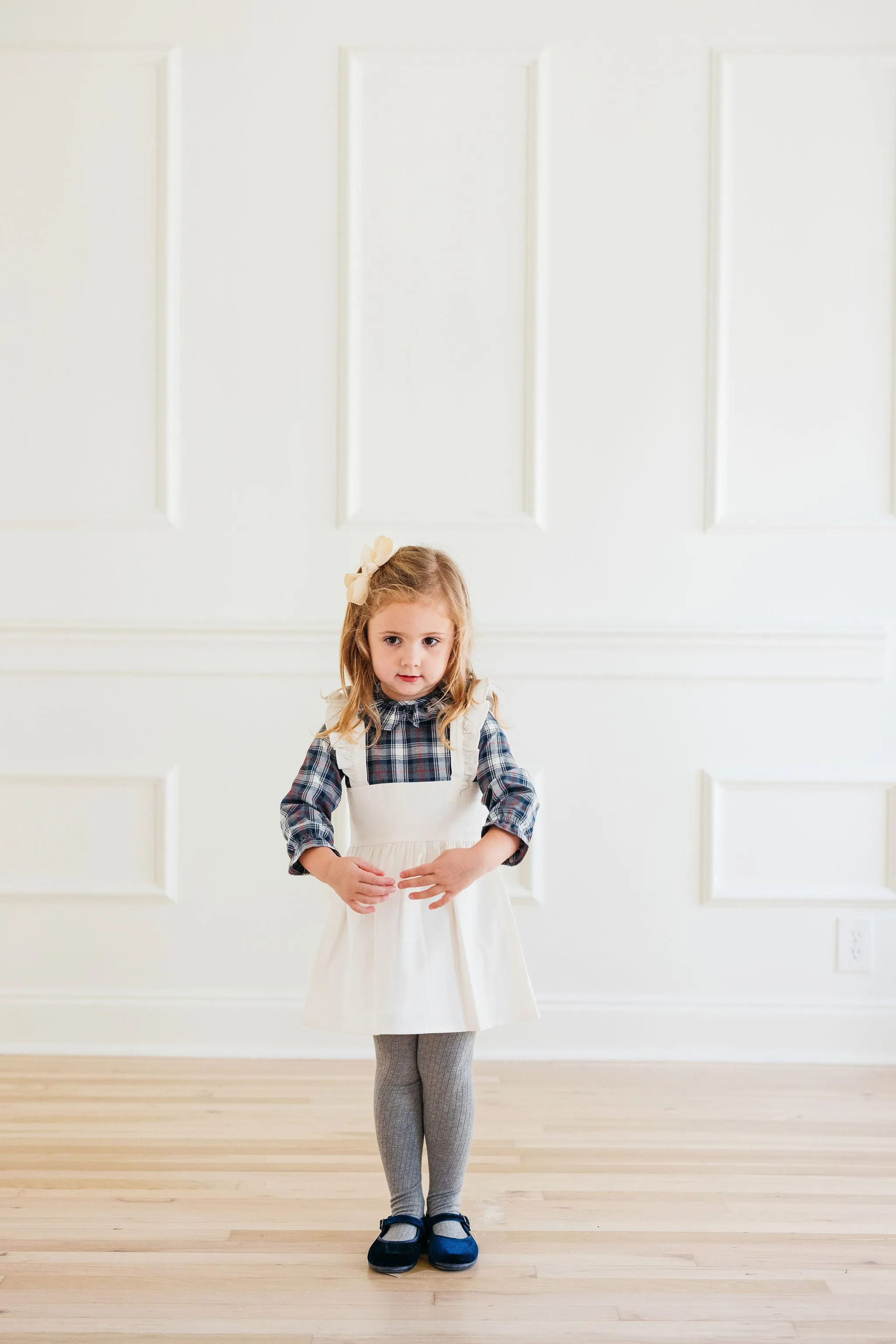 Ivory Corduroy Dress with Navy & Gray Shirt