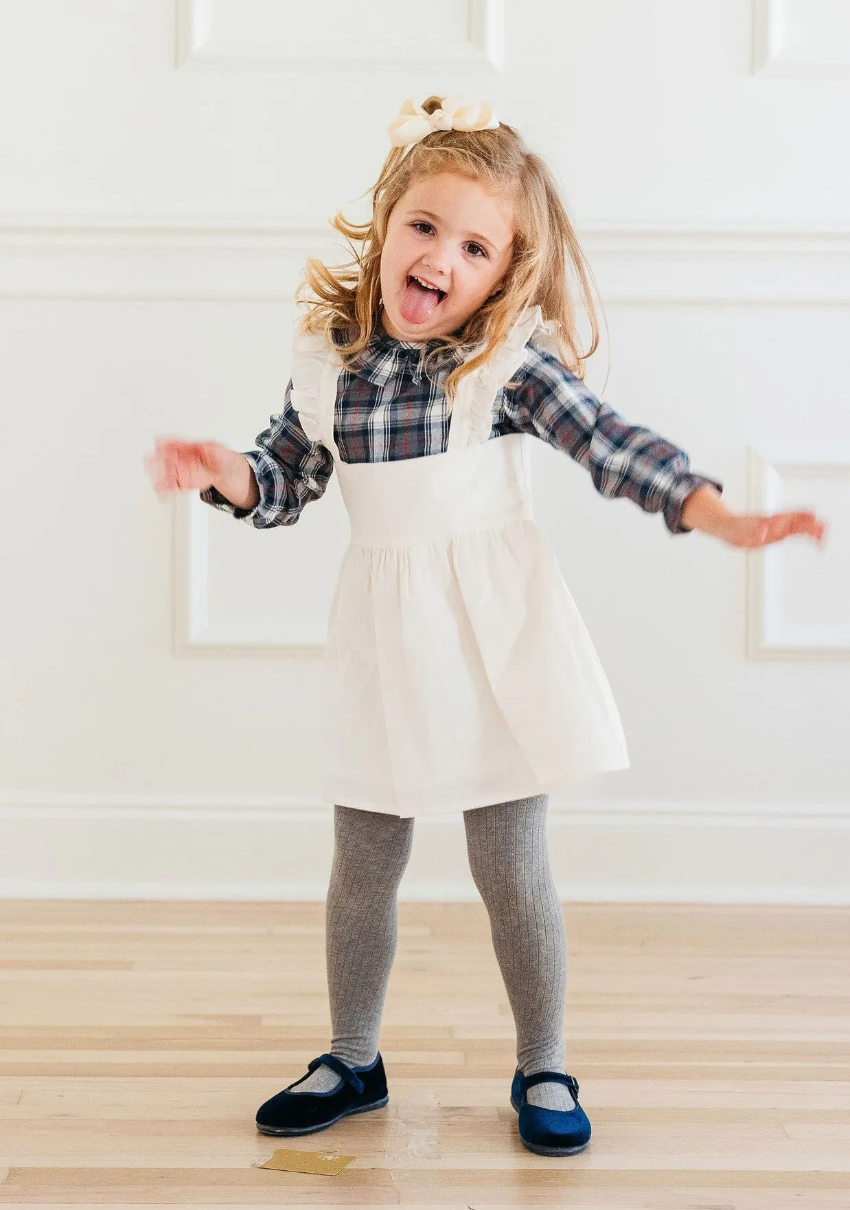 Ivory Corduroy Dress with Navy & Gray Shirt