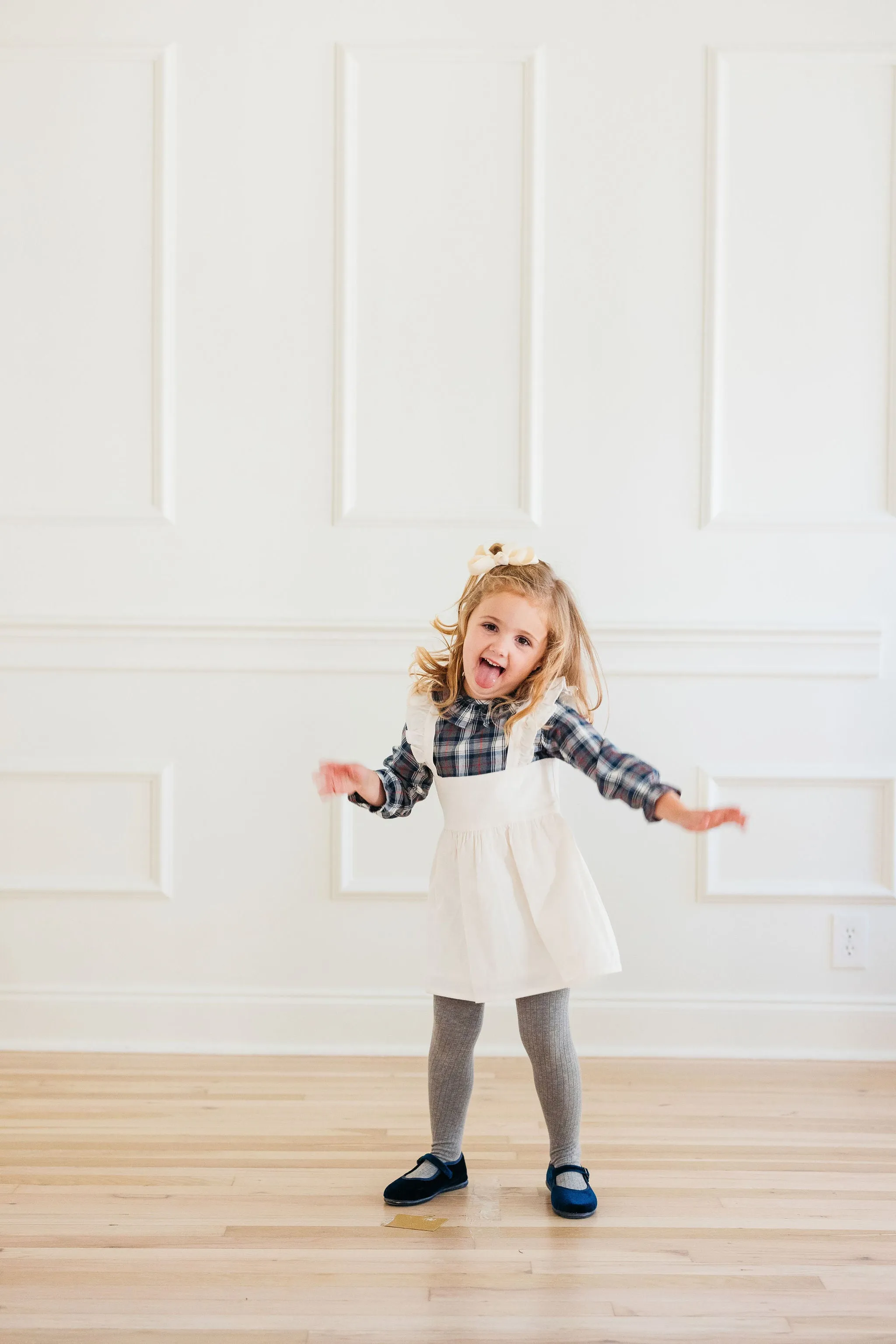 Ivory Corduroy Dress with Navy & Gray Shirt