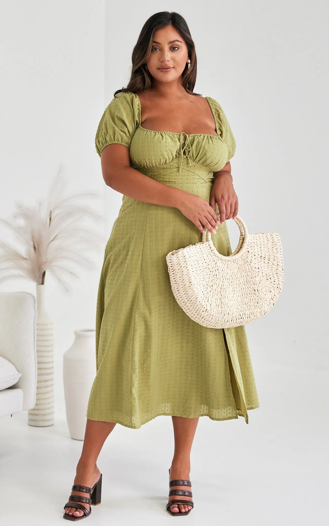 Kiaya Midi Dress - Olive Green Texture