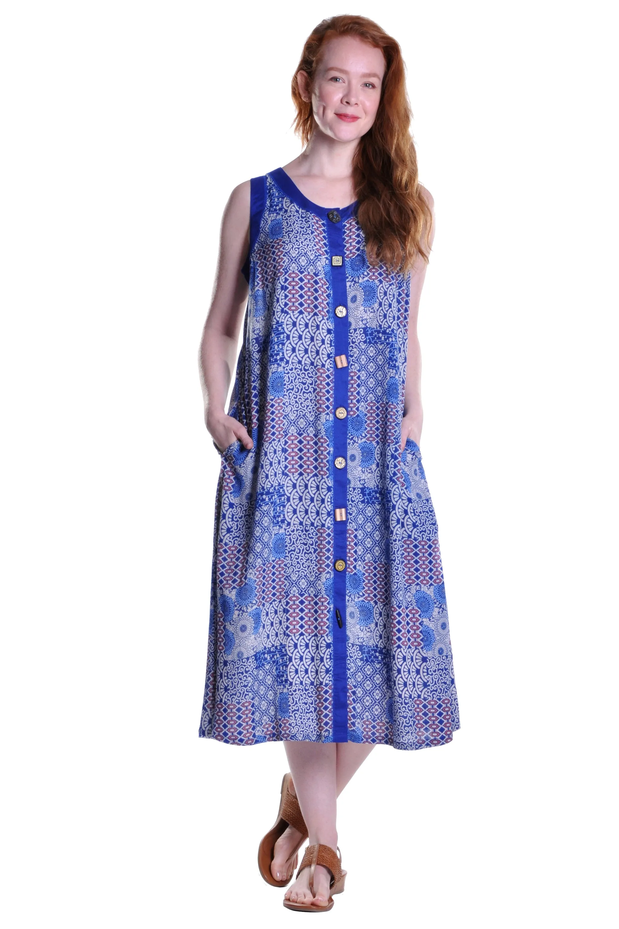 La Cera Blue Patchwork Plus Size Sleeveless Dress