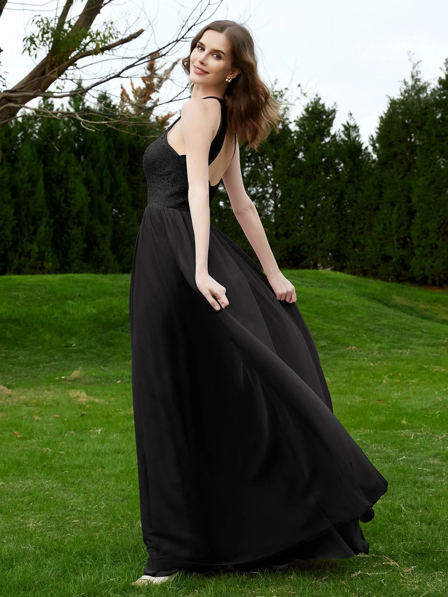 Lace Tulle Bridesmaid Gown Halter Neckline Black