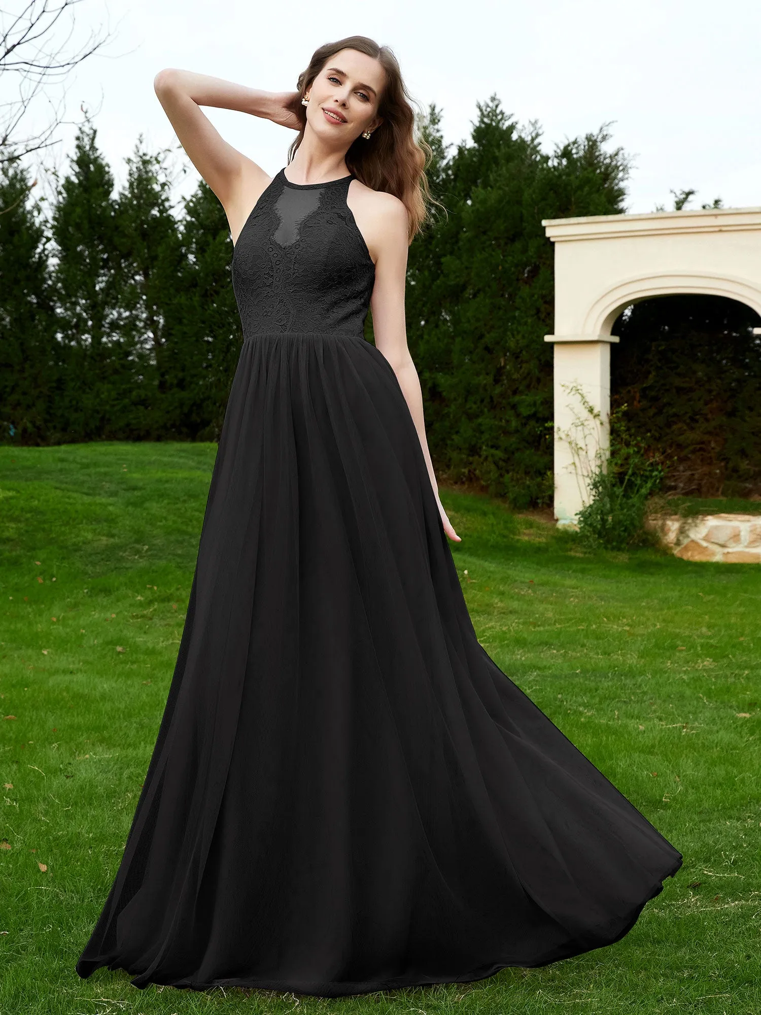 Lace Tulle Bridesmaid Gown Halter Neckline Black