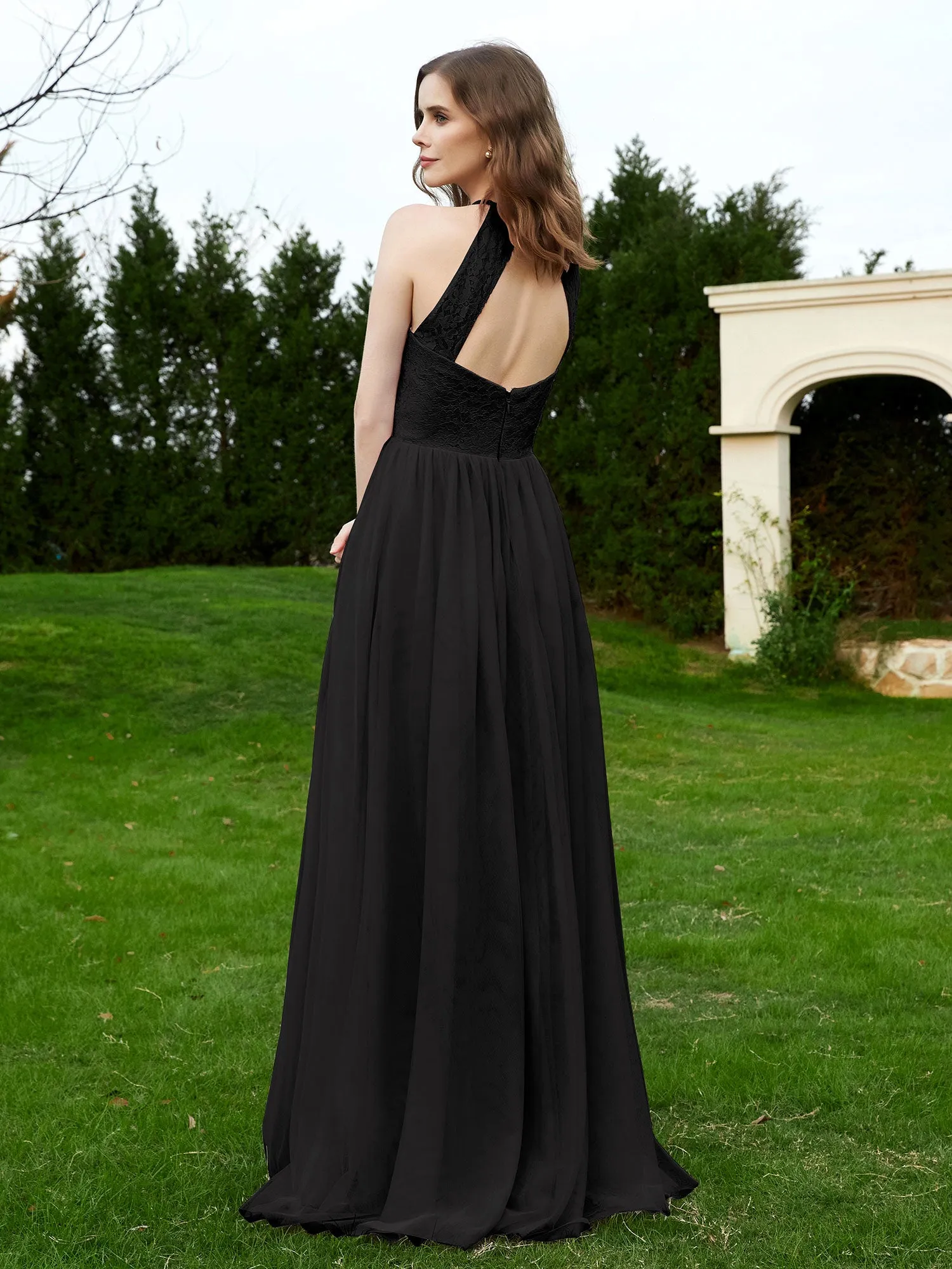 Lace Tulle Bridesmaid Gown Halter Neckline Black