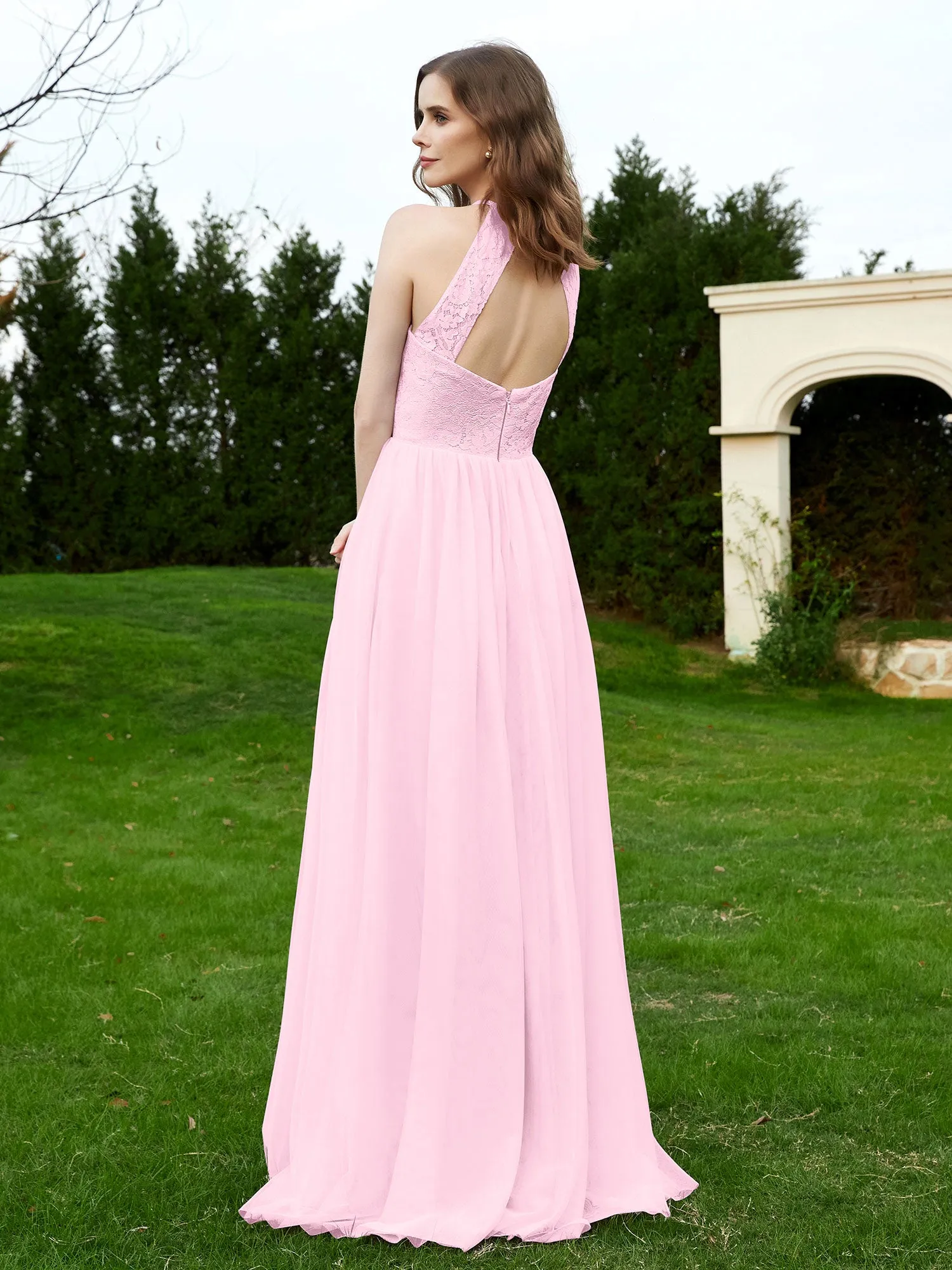 Lace Tulle Bridesmaid Gown Halter Neckline Blushing Pink