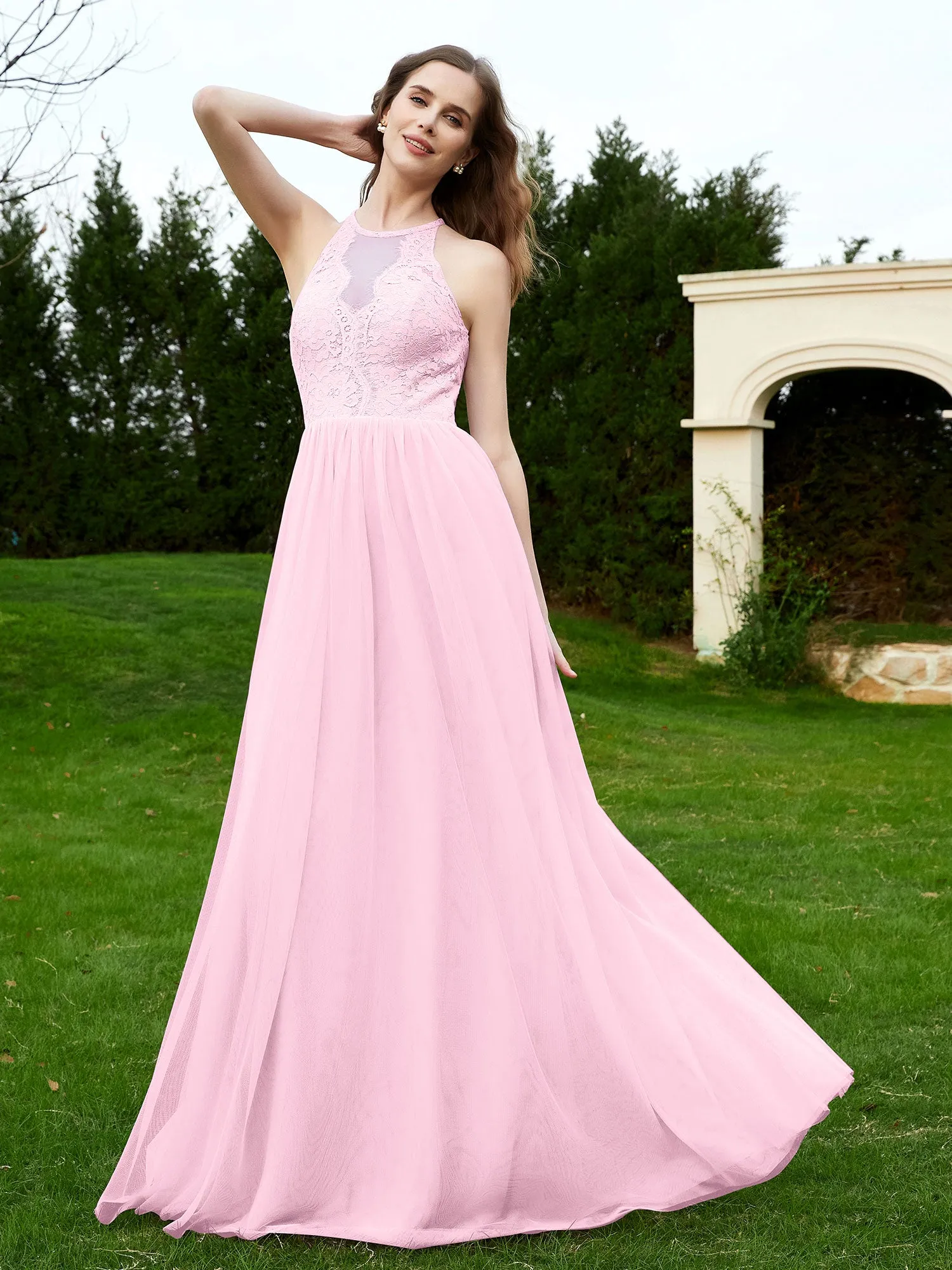 Lace Tulle Bridesmaid Gown Halter Neckline Blushing Pink