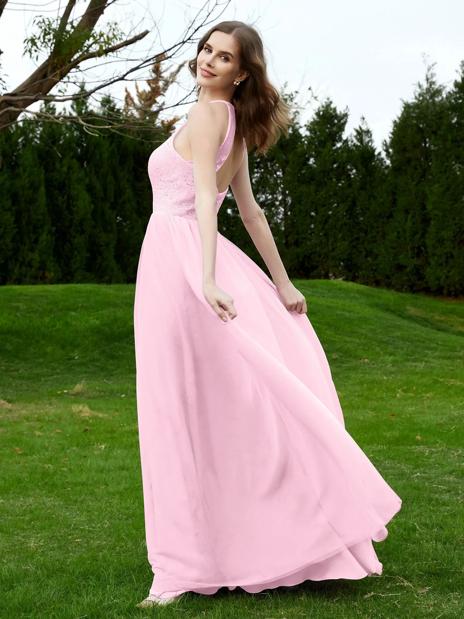 Lace Tulle Bridesmaid Gown Halter Neckline Blushing Pink