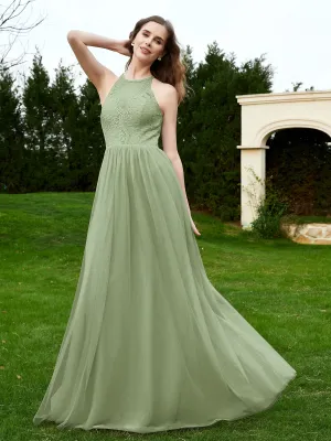 Lace Tulle Bridesmaid Gown Halter Neckline Dusty Sage Plus Size