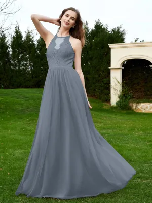 Lace Tulle Bridesmaid Gown Halter Neckline Slate Blue Plus Size