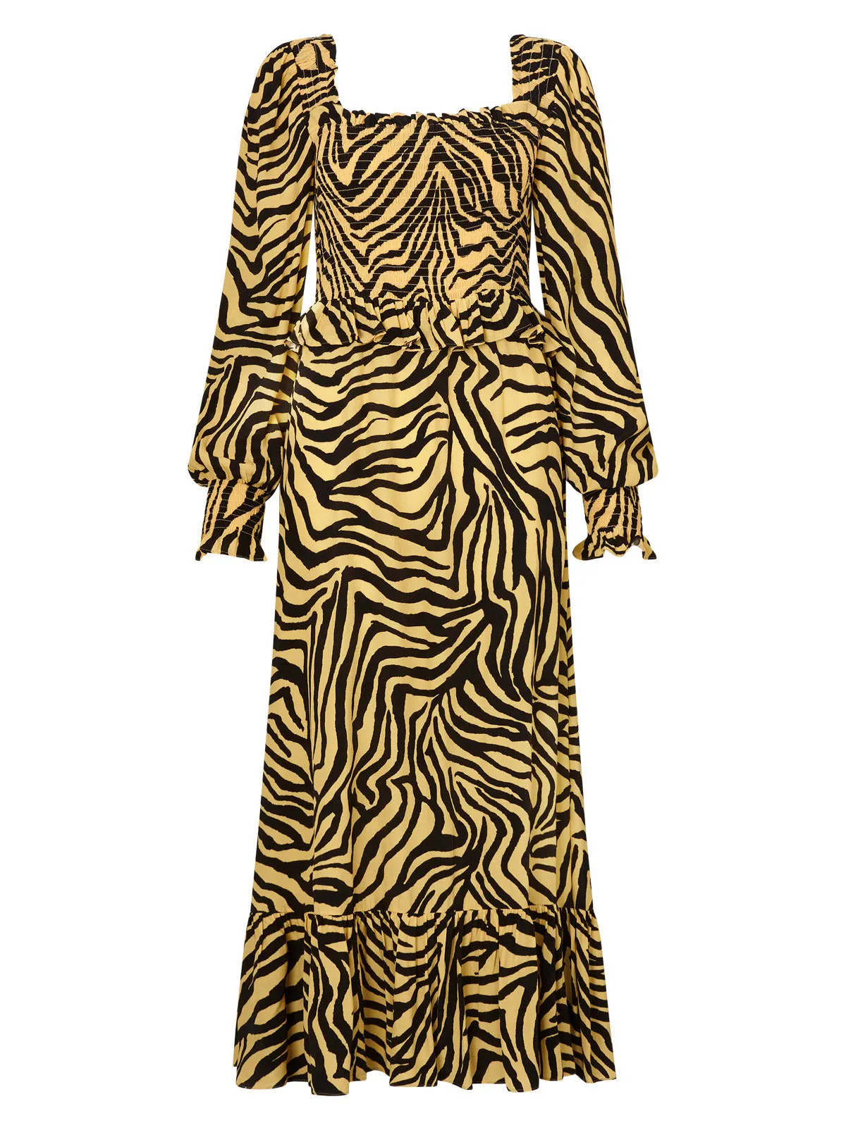 Lauren Yellow Zebra Print Shirred Dress