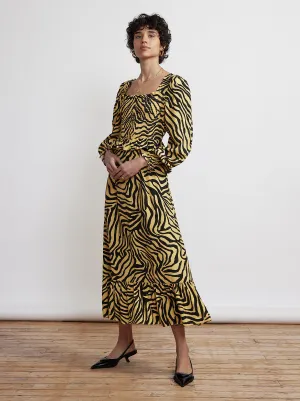 Lauren Yellow Zebra Print Shirred Dress