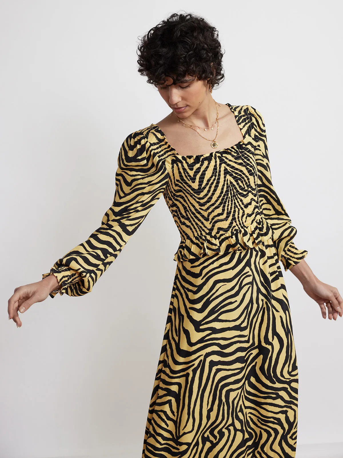 Lauren Yellow Zebra Print Shirred Dress