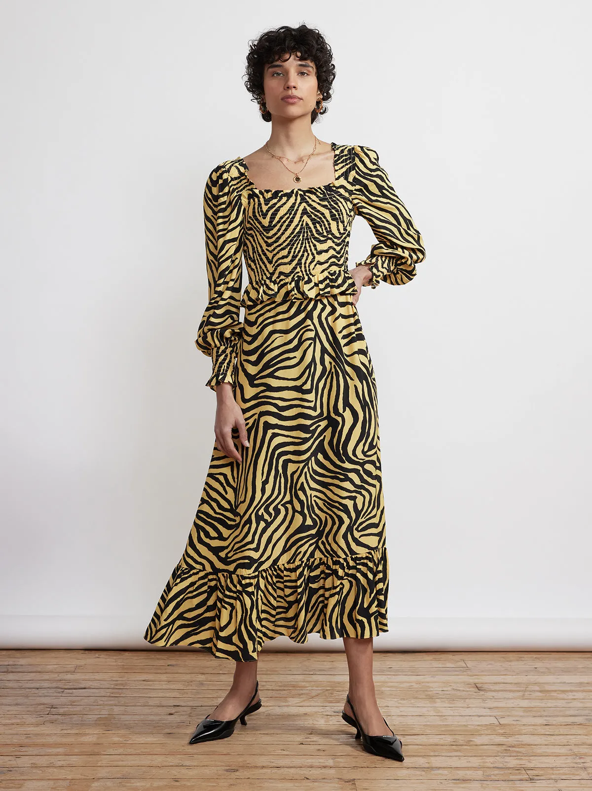 Lauren Yellow Zebra Print Shirred Dress