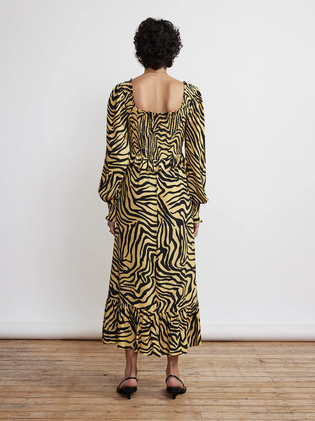 Lauren Yellow Zebra Print Shirred Dress