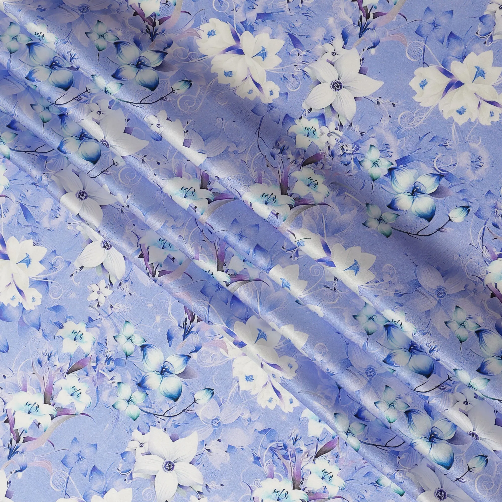 Lavender Blue Floral Pure Silk Satin Fabric - 140 cm Width, Made in Italy-D20737