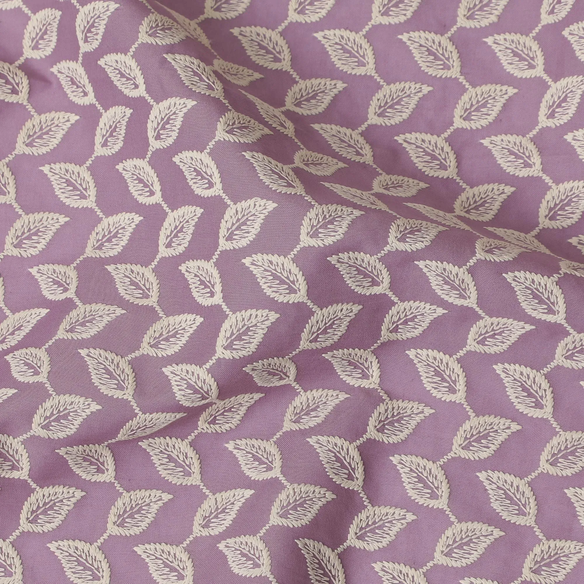 Lavender Love Cotton Lawn Fabric, Leafy embroidered, 110cm Wide - Tailored By the Meter from India-D18872