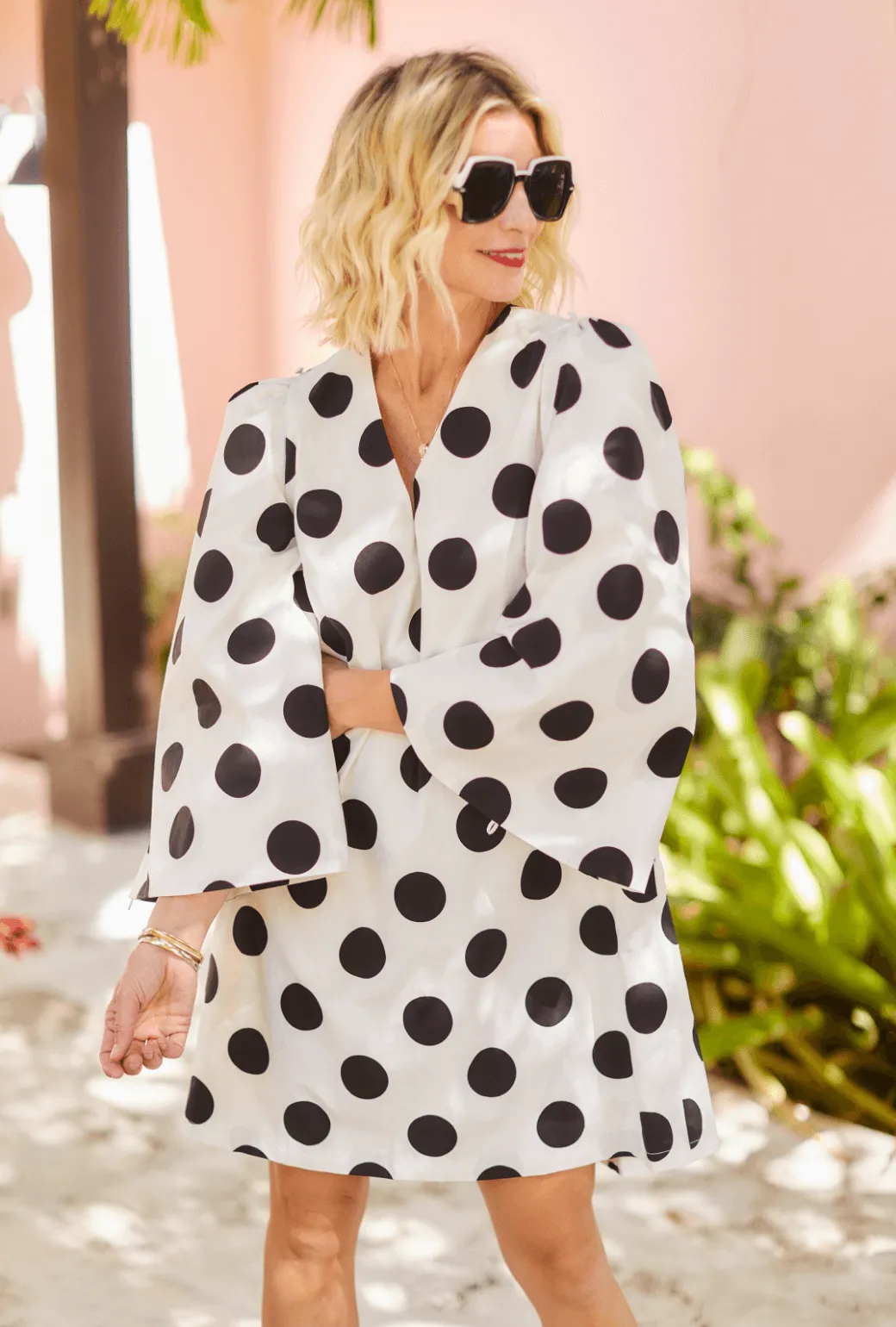 Le V Bell Sleeve Mod Dress - Polkadots