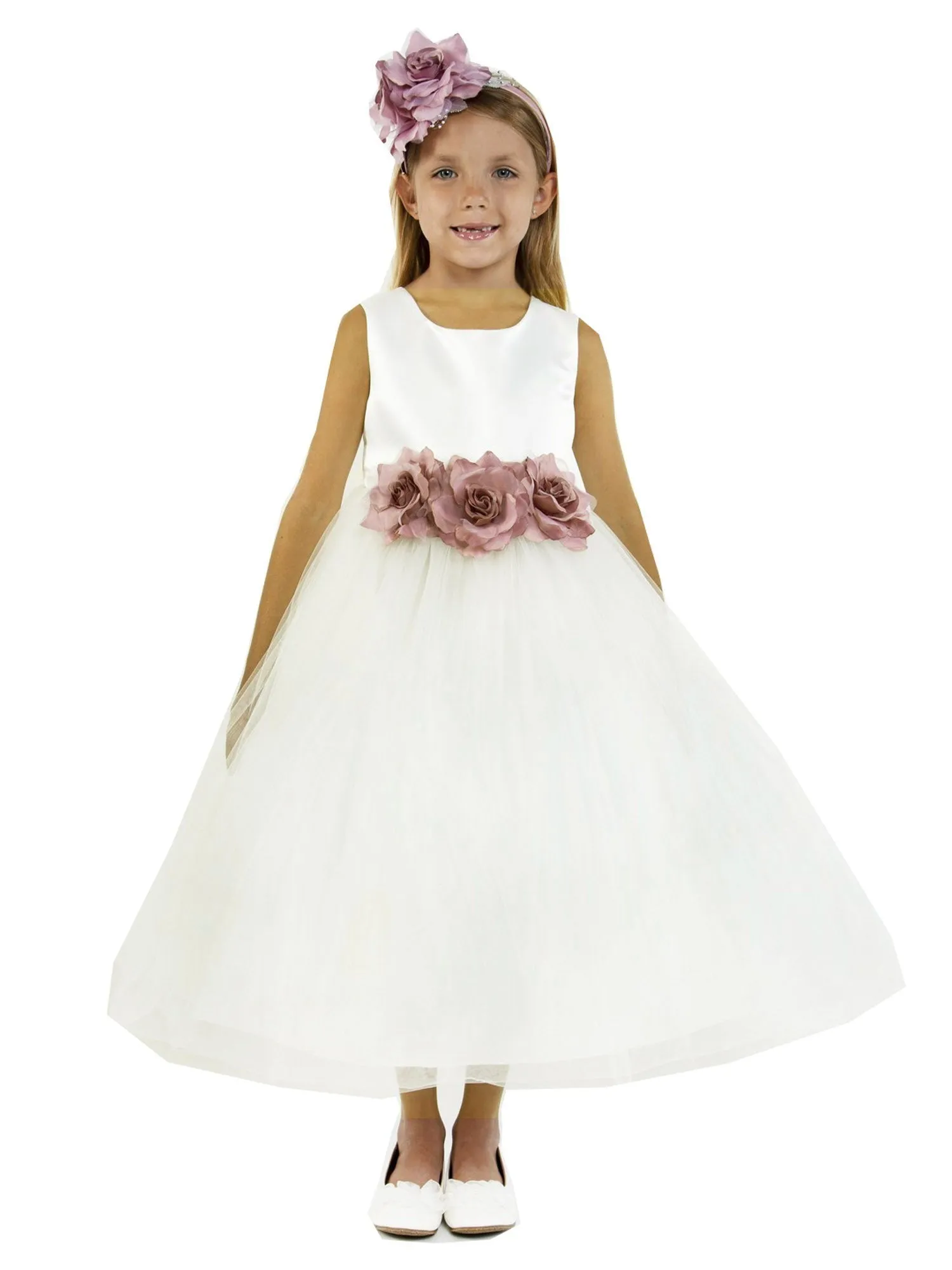 Little Girls Ivory Dusty Rose Floral Satin Flower Girl Dress 2-6