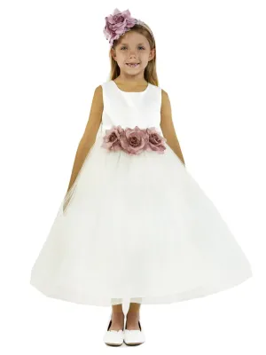 Little Girls Ivory Dusty Rose Floral Satin Flower Girl Dress 2-6