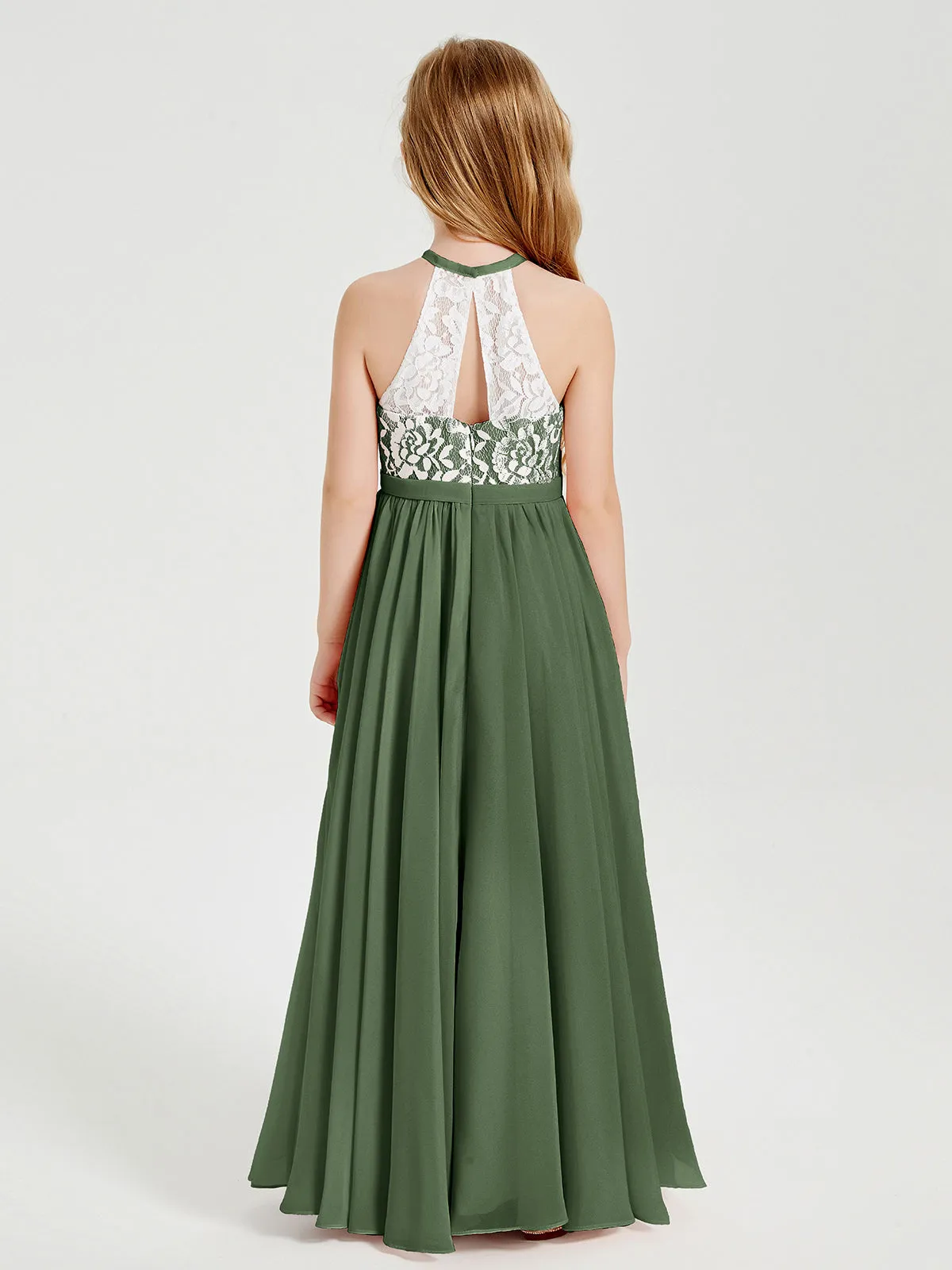 Long Chiffon Bridesmaid Dresses Lace Top Olive Green