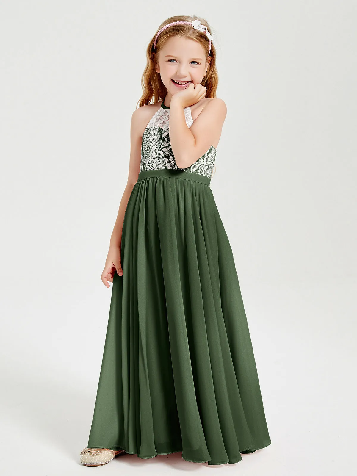 Long Chiffon Bridesmaid Dresses Lace Top Olive Green