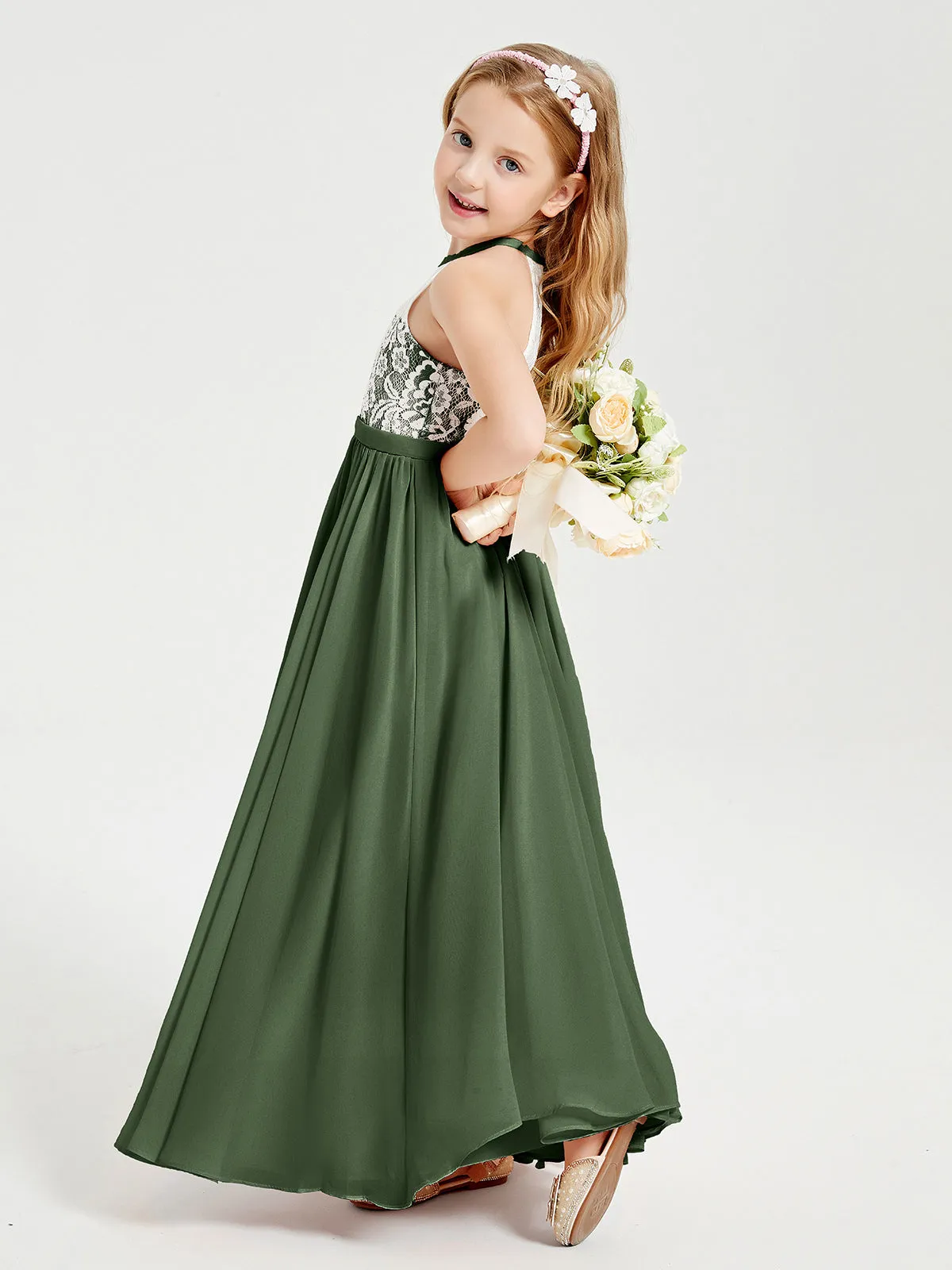 Long Chiffon Bridesmaid Dresses Lace Top Olive Green