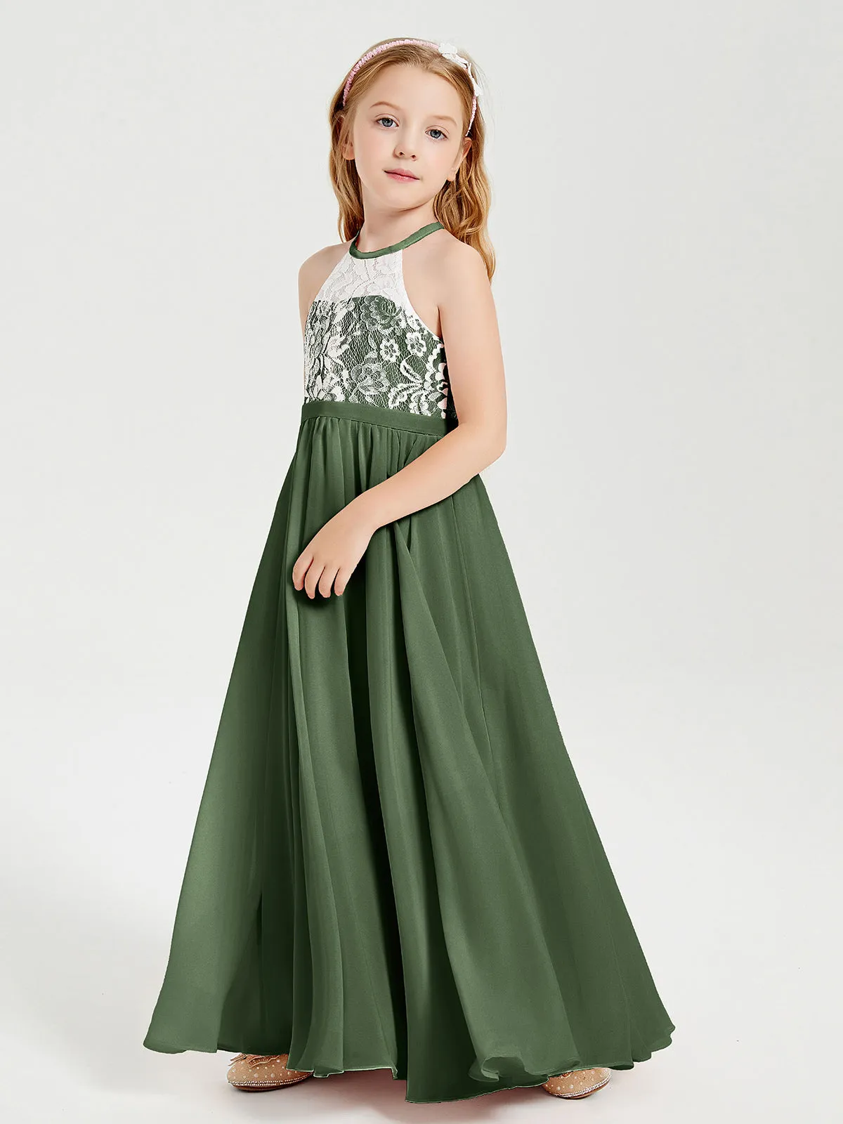 Long Chiffon Bridesmaid Dresses Lace Top Olive Green