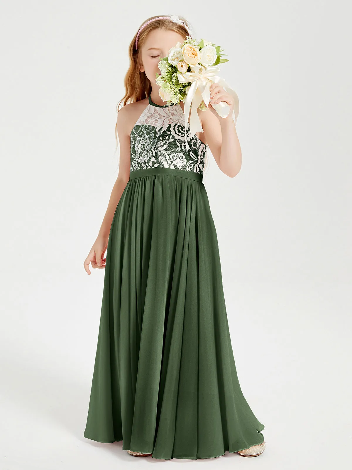 Long Chiffon Bridesmaid Dresses Lace Top Olive Green