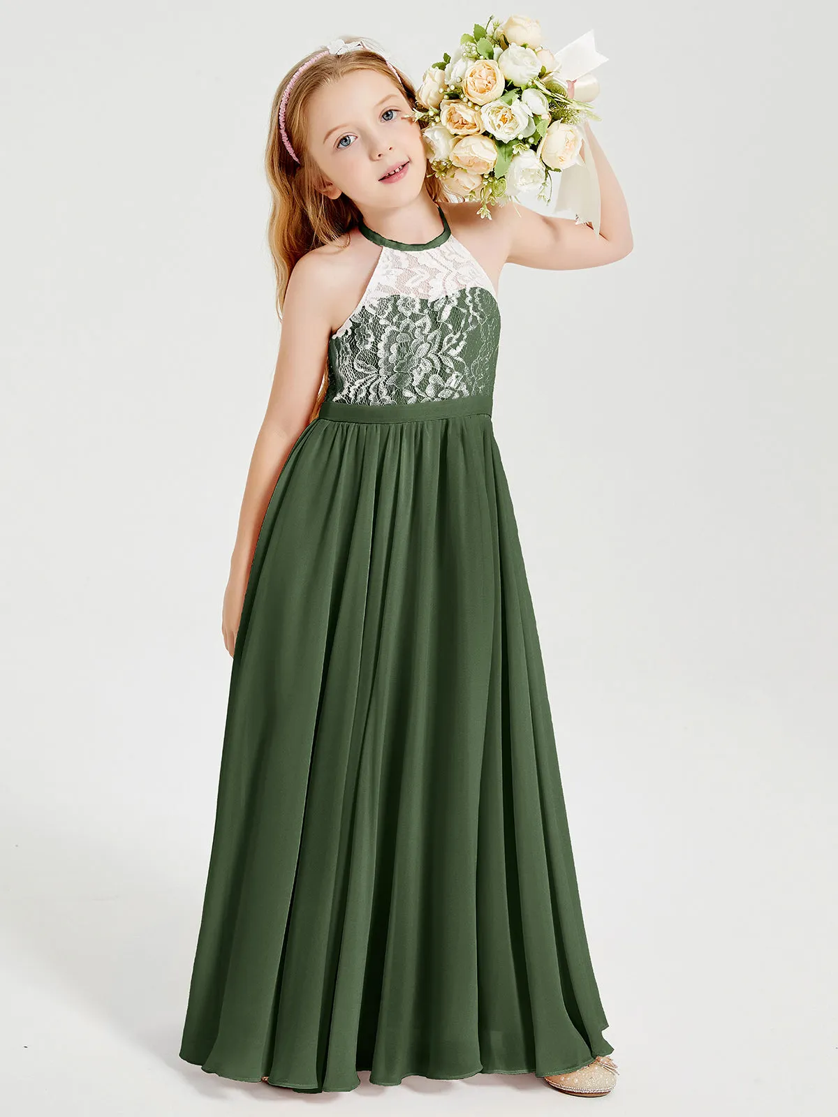 Long Chiffon Bridesmaid Dresses Lace Top Olive Green