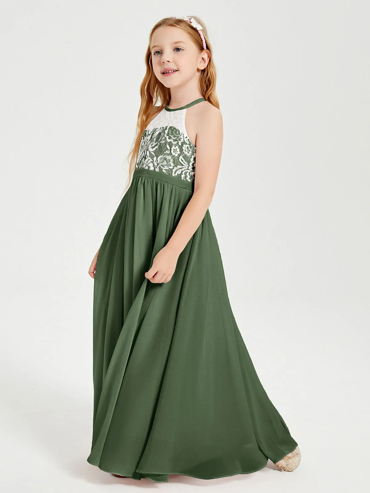 Long Chiffon Bridesmaid Dresses Lace Top Olive Green