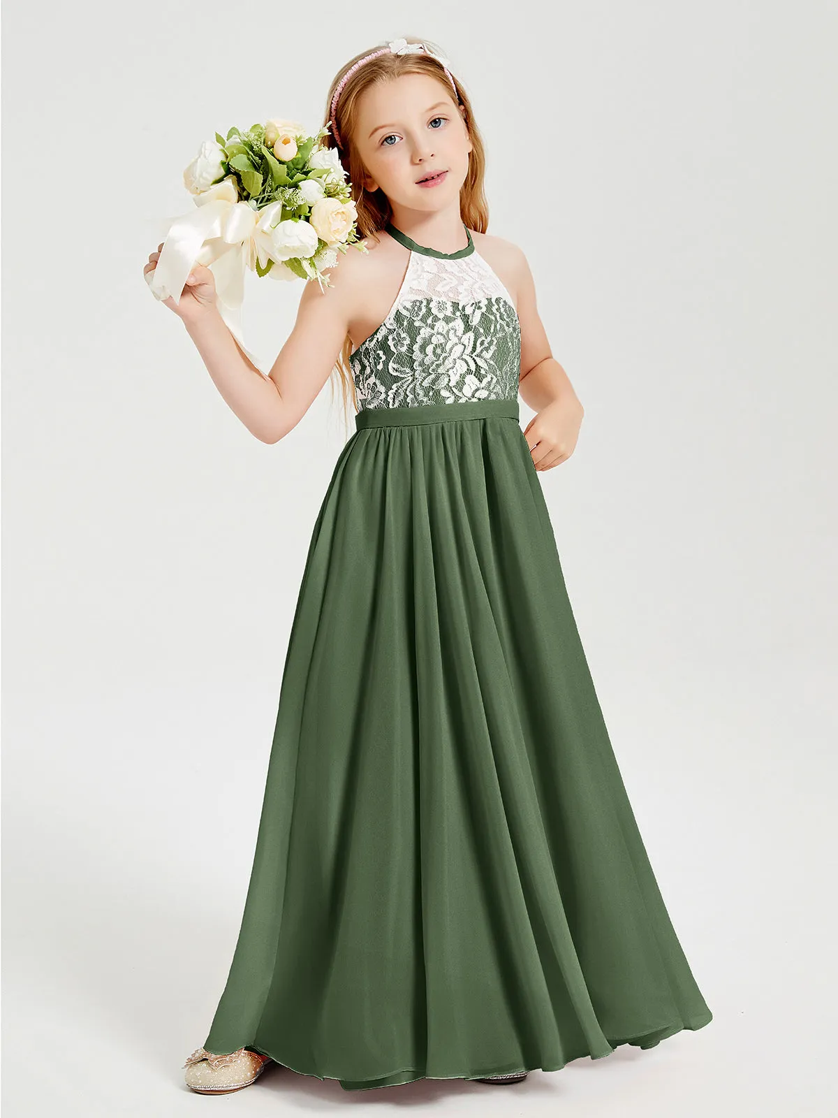 Long Chiffon Bridesmaid Dresses Lace Top Olive Green