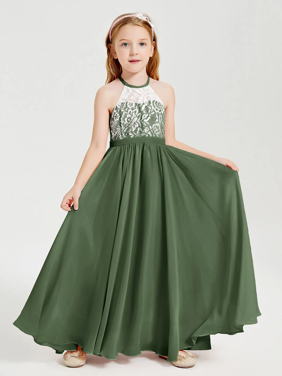 Long Chiffon Bridesmaid Dresses Lace Top Olive Green