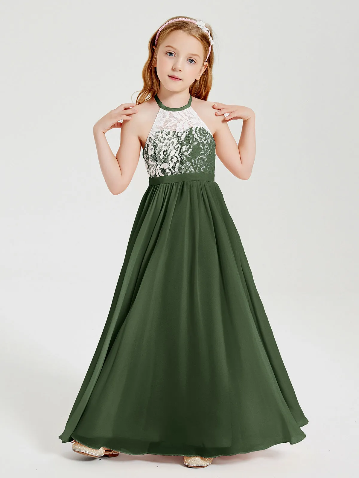 Long Chiffon Bridesmaid Dresses Lace Top Olive Green