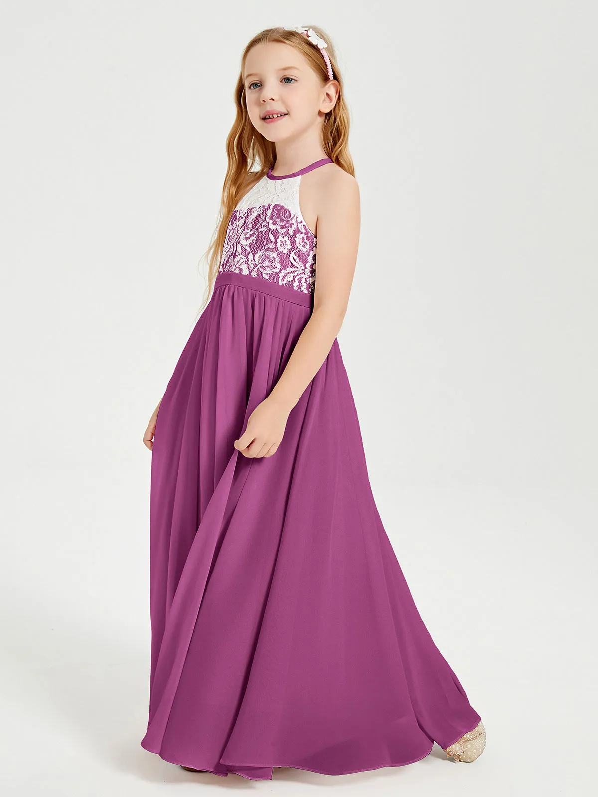 Long Chiffon Bridesmaid Dresses Lace Top Orchid