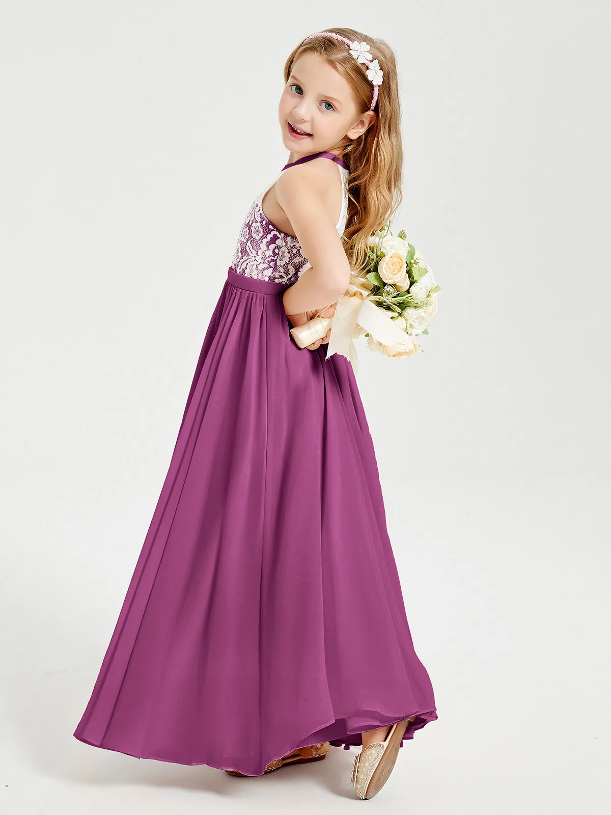 Long Chiffon Bridesmaid Dresses Lace Top Orchid