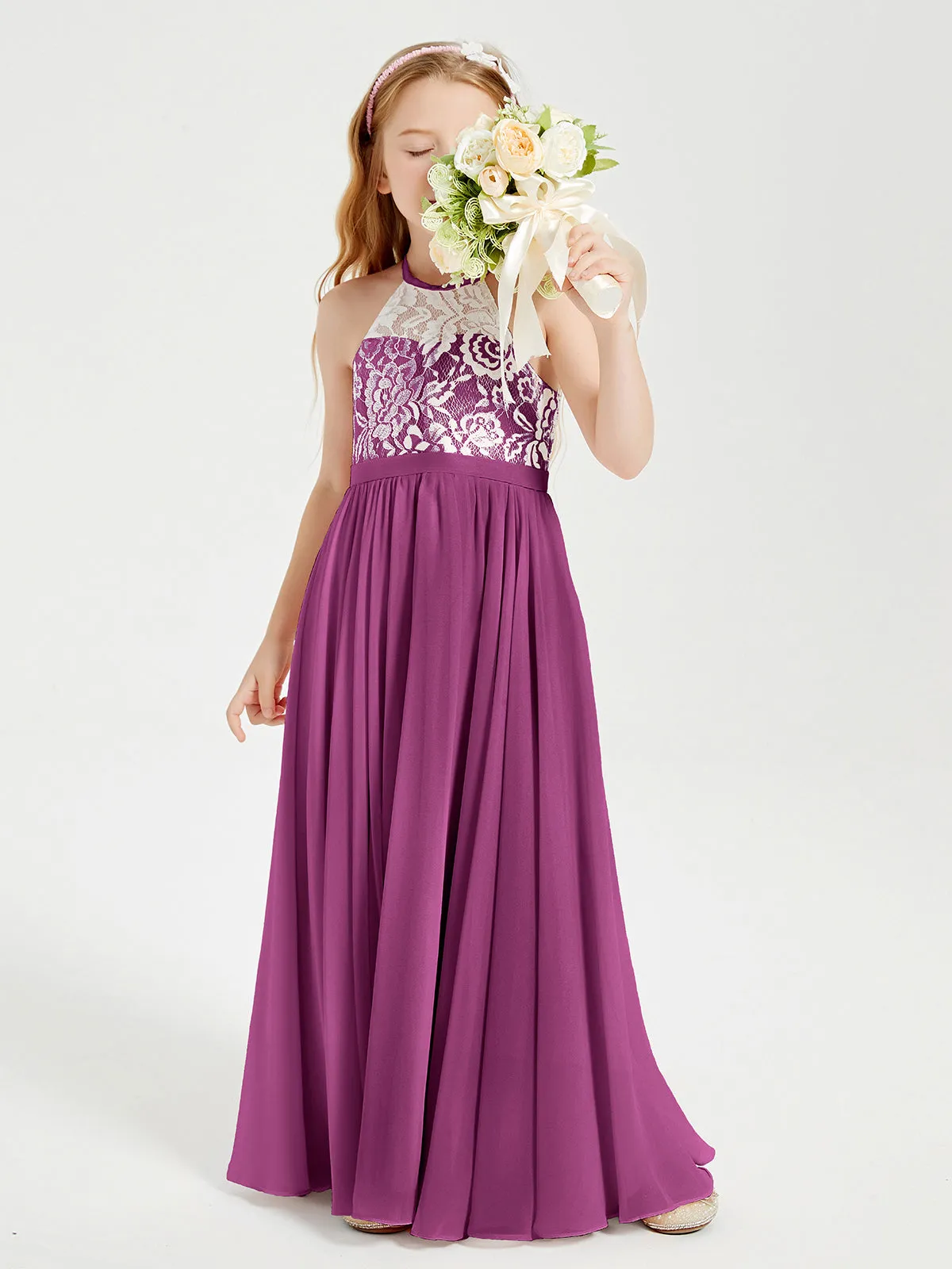 Long Chiffon Bridesmaid Dresses Lace Top Orchid