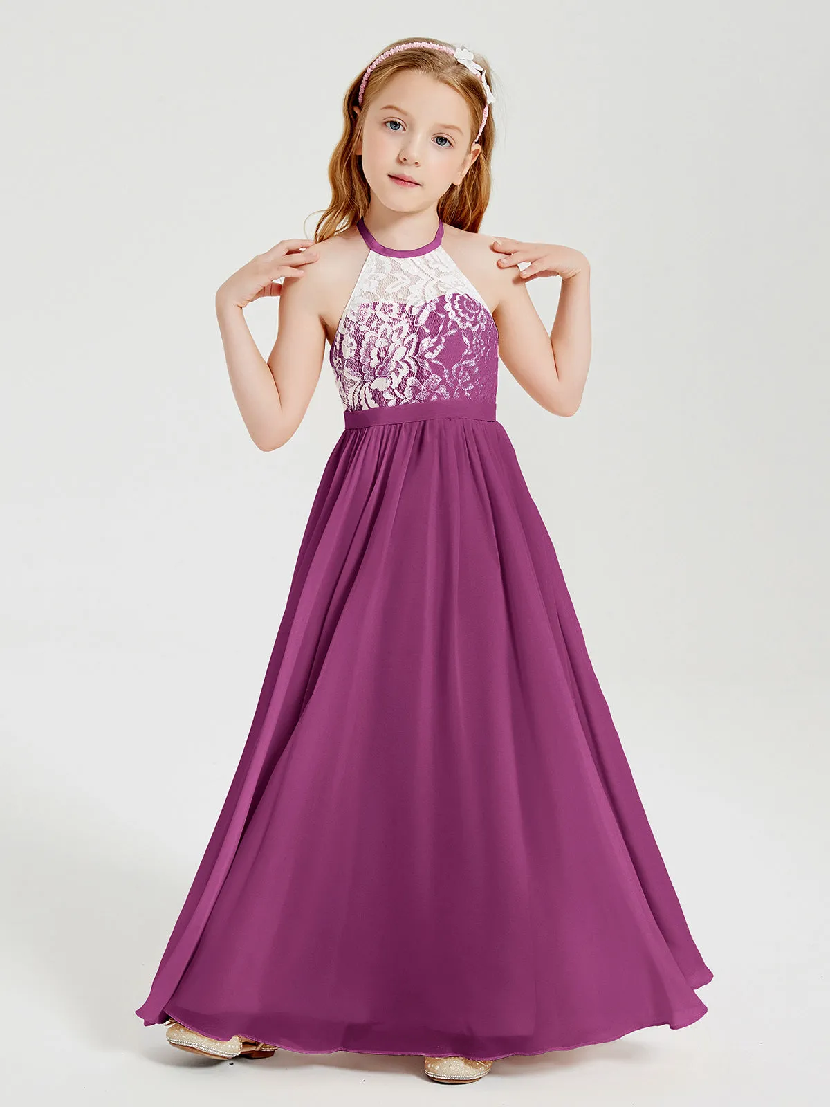 Long Chiffon Bridesmaid Dresses Lace Top Orchid