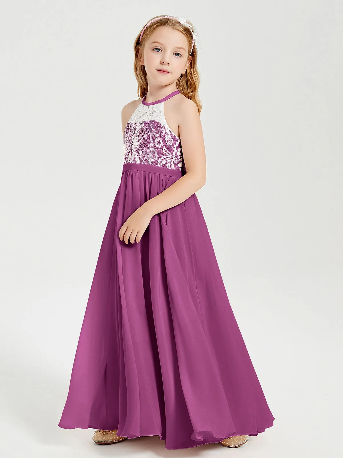 Long Chiffon Bridesmaid Dresses Lace Top Orchid