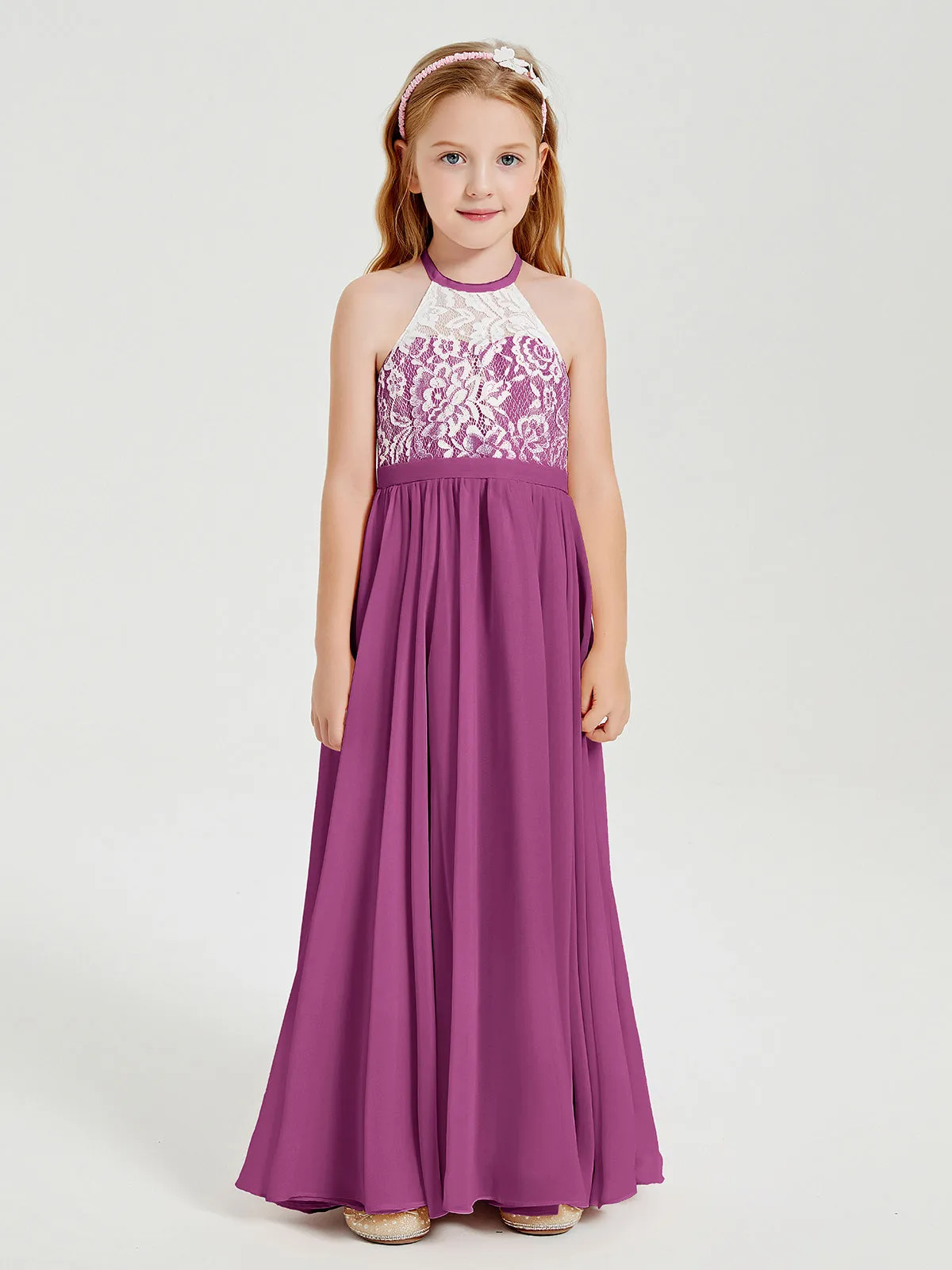 Long Chiffon Bridesmaid Dresses Lace Top Orchid