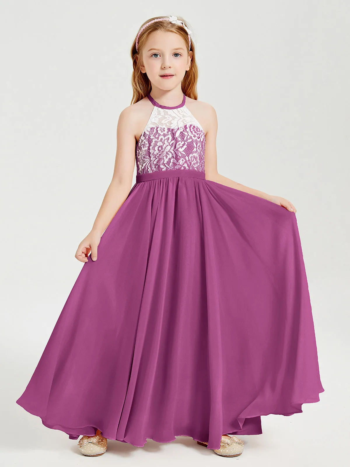 Long Chiffon Bridesmaid Dresses Lace Top Orchid