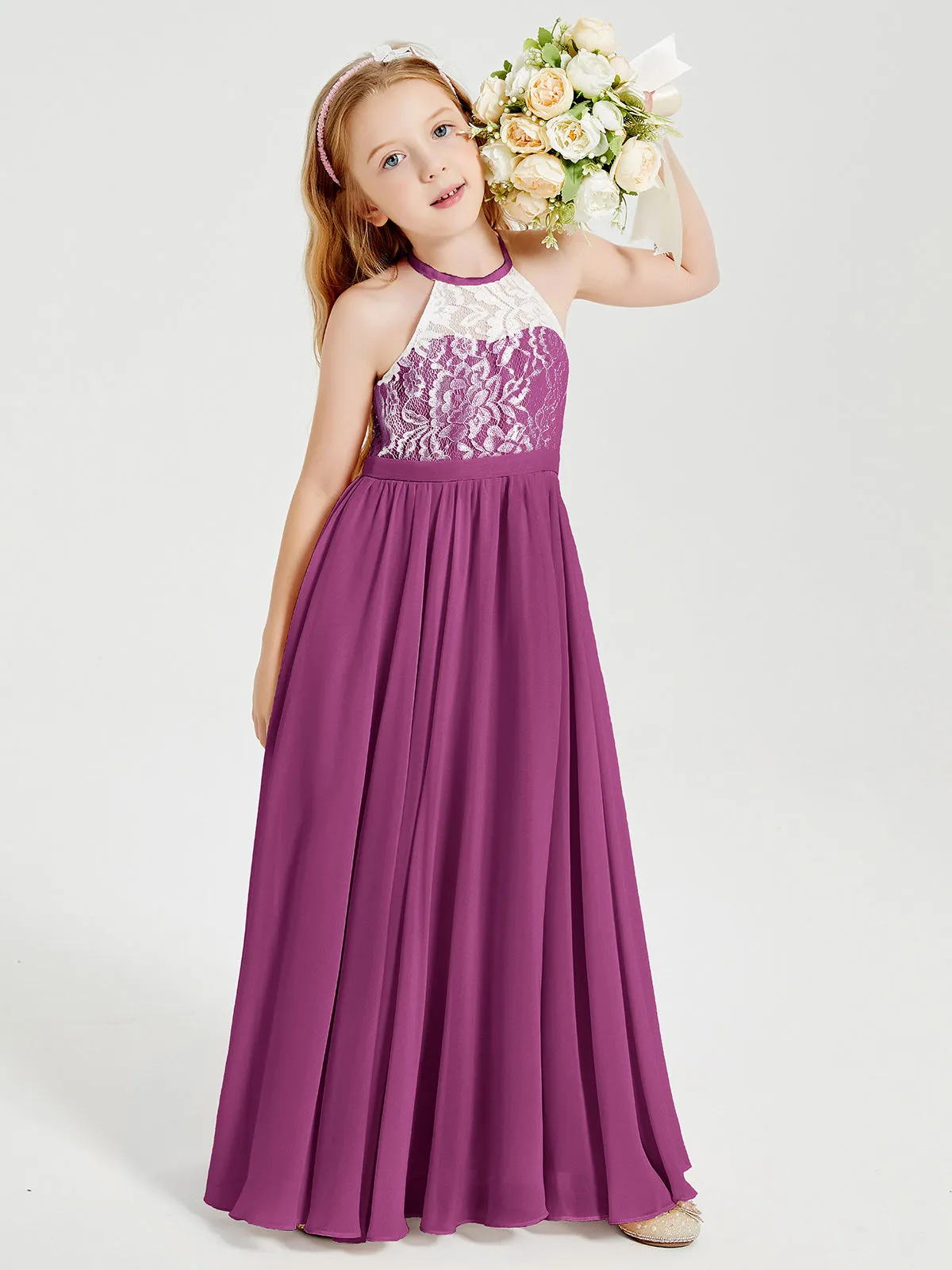 Long Chiffon Bridesmaid Dresses Lace Top Orchid