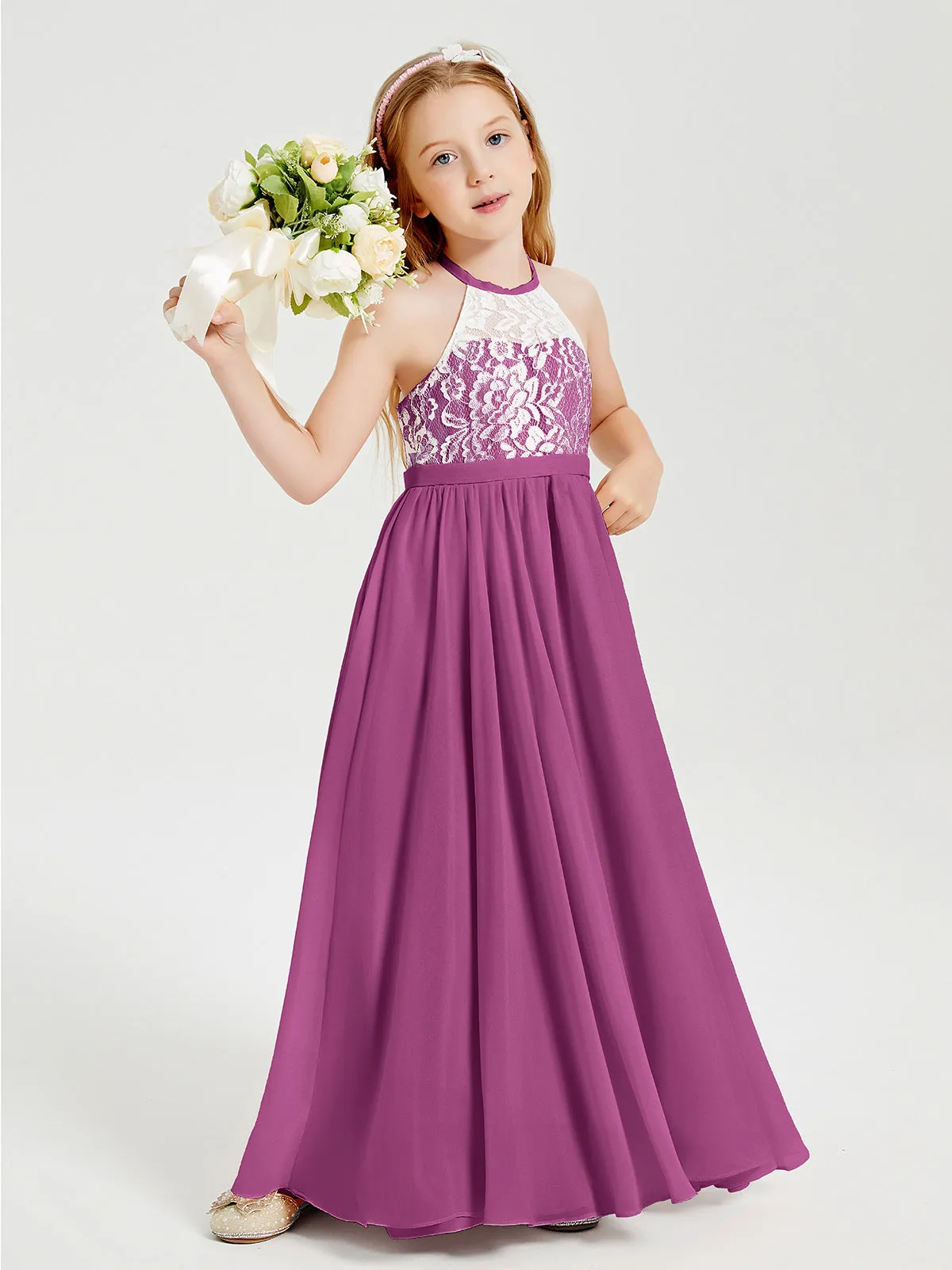 Long Chiffon Bridesmaid Dresses Lace Top Orchid