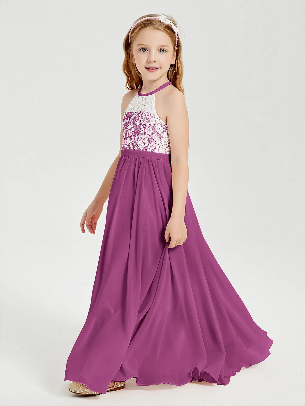 Long Chiffon Bridesmaid Dresses Lace Top Orchid