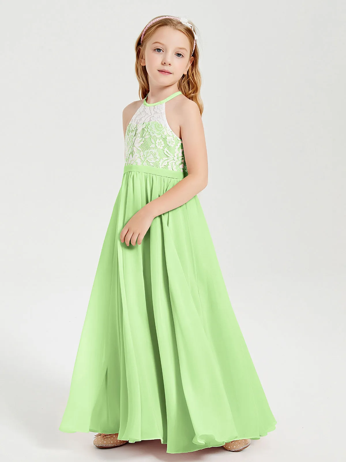 Long Chiffon Bridesmaid Dresses Lace Top Sage