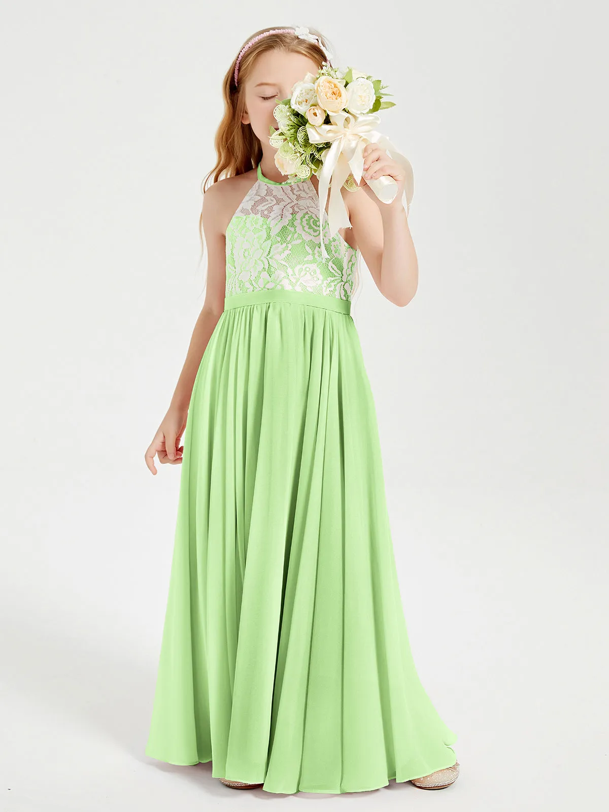 Long Chiffon Bridesmaid Dresses Lace Top Sage