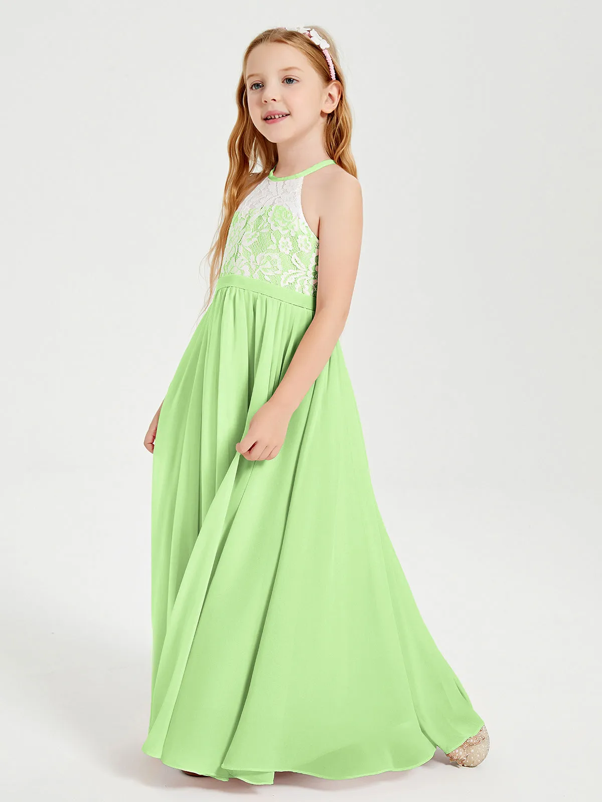 Long Chiffon Bridesmaid Dresses Lace Top Sage