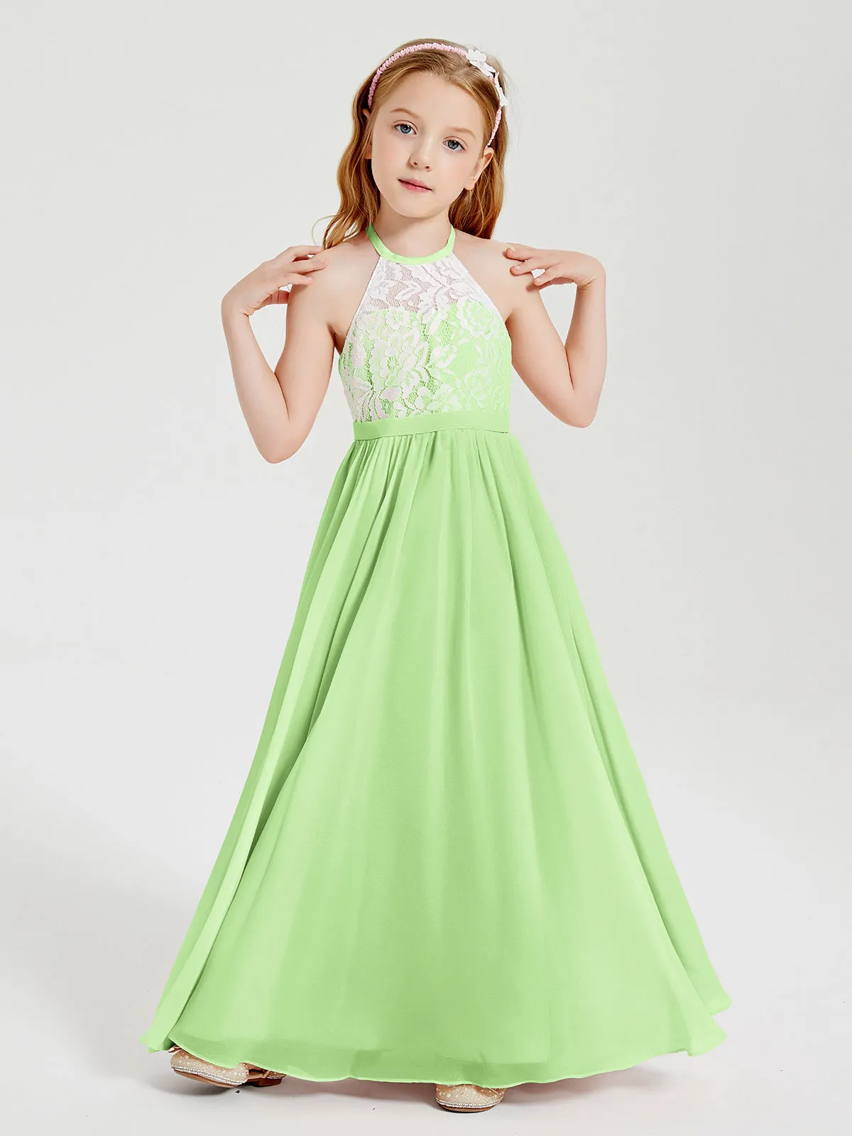 Long Chiffon Bridesmaid Dresses Lace Top Sage