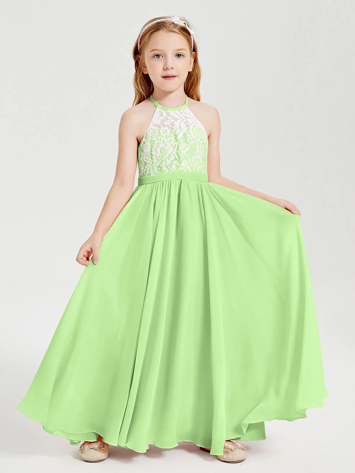 Long Chiffon Bridesmaid Dresses Lace Top Sage