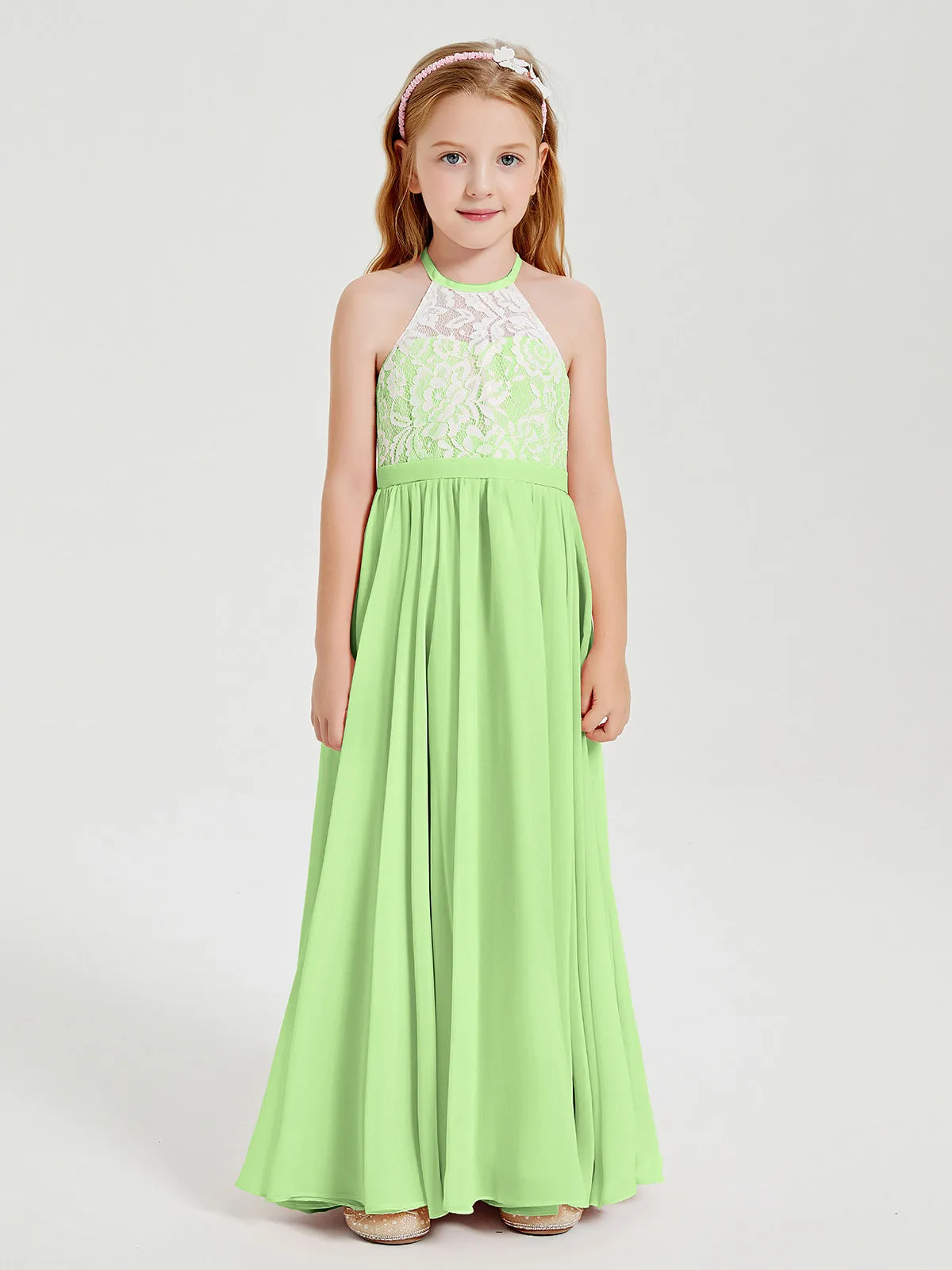 Long Chiffon Bridesmaid Dresses Lace Top Sage